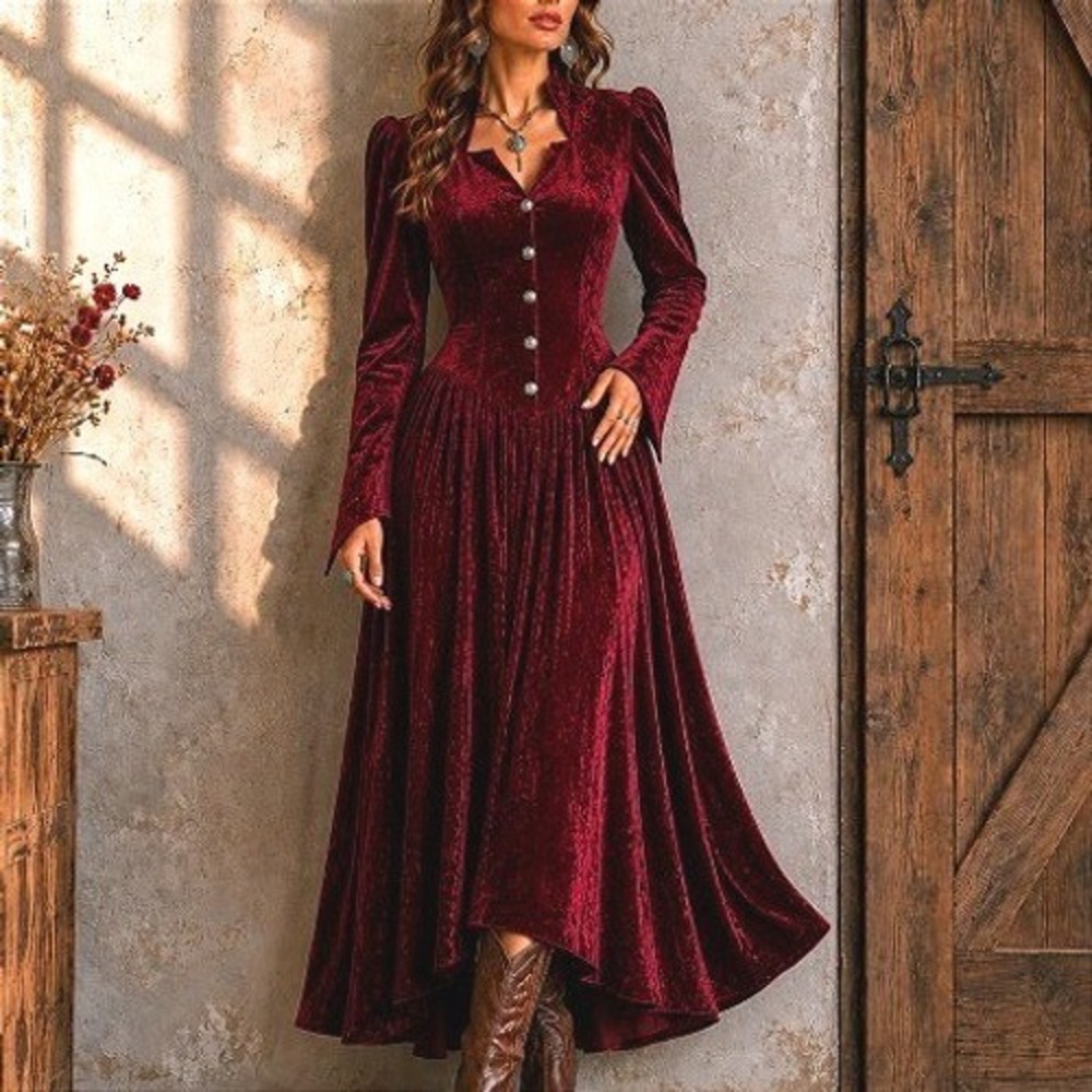 VTG Cheyenne Outfitters Burgundy Crushed Velvet Wild West Cowgirl Midi Dress 12